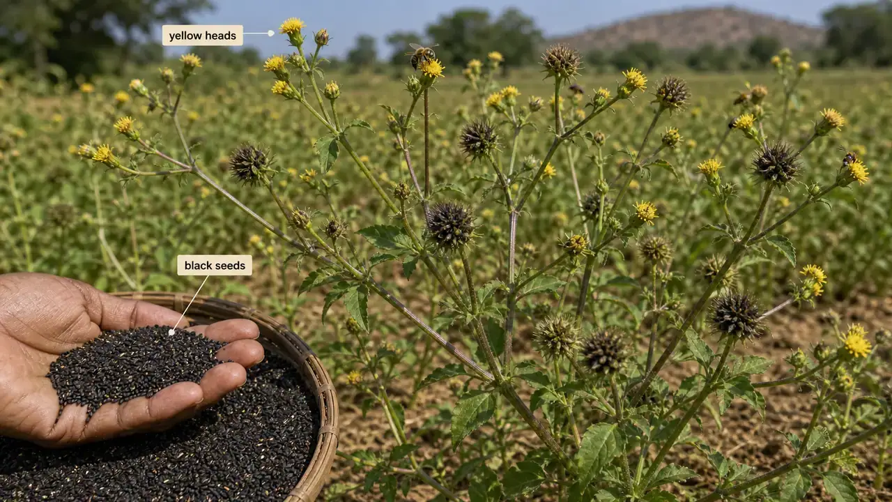 Niger crop showing branching heads and small black oilseed grains