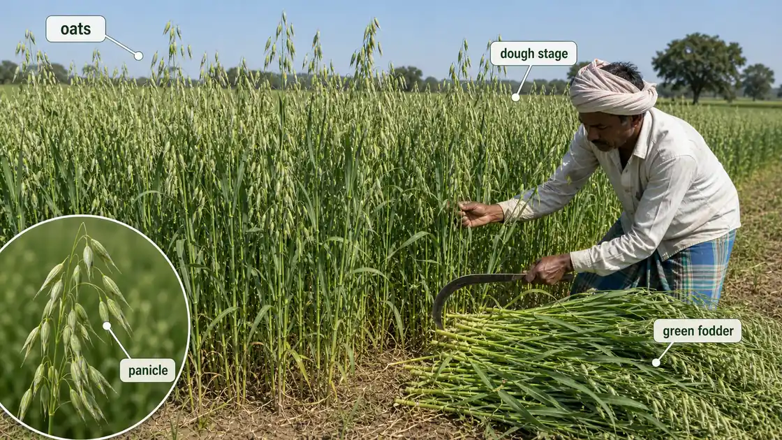 Oats fodder crop showing panicles at dough stage and green fodder harvest