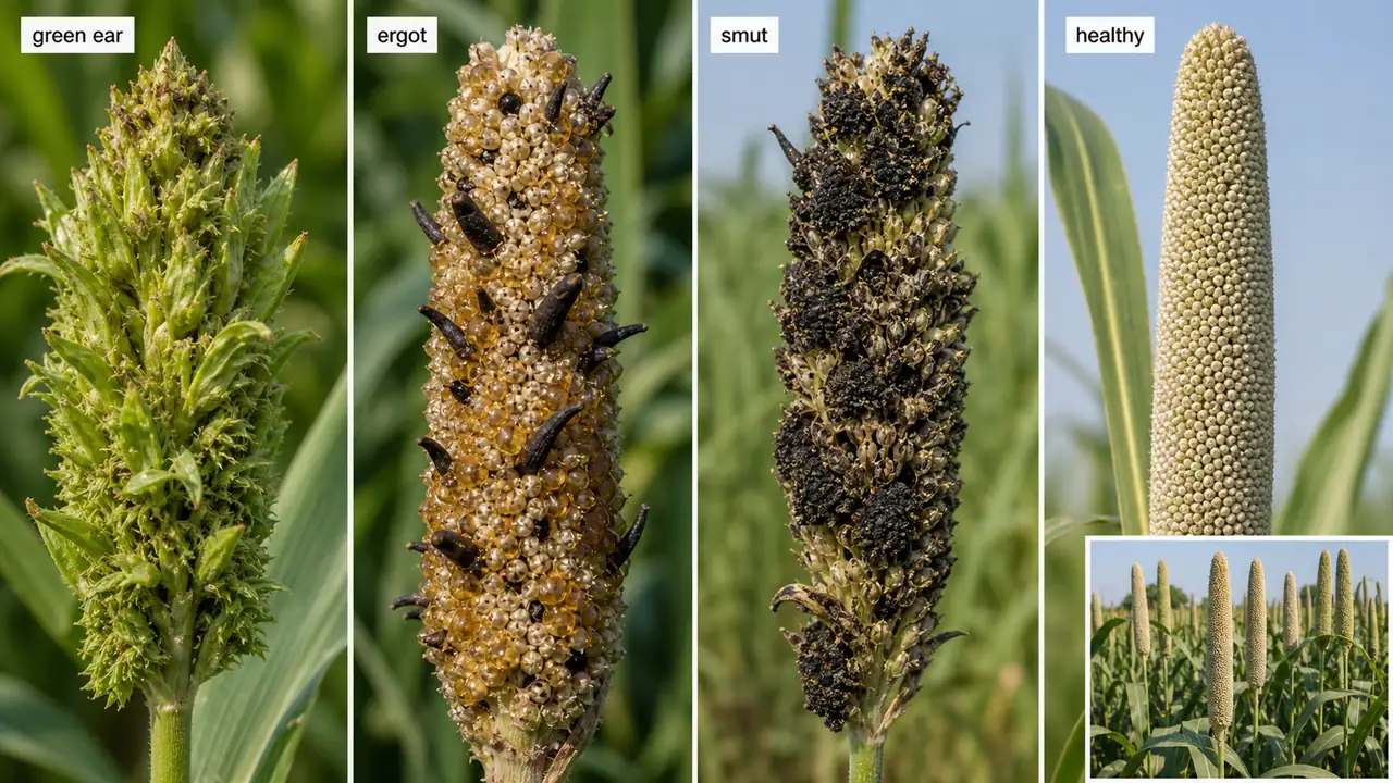 Pearl millet disease comparison showing green ear downy mildew, ergot, smut, and a healthy ear head