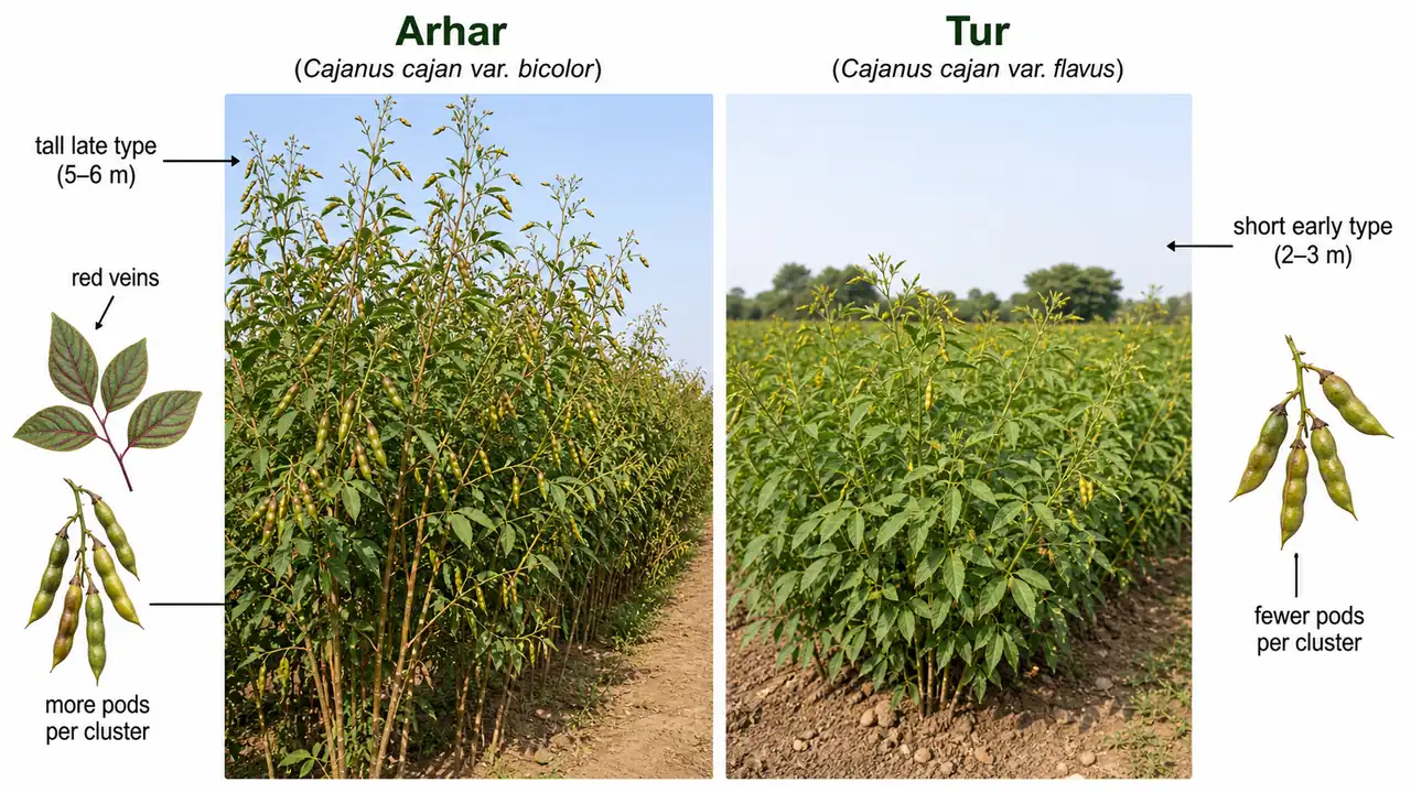 Arhar and Tur pigeonpea comparison showing taller late type with red veins versus shorter earlier type with fewer pods per cluster
