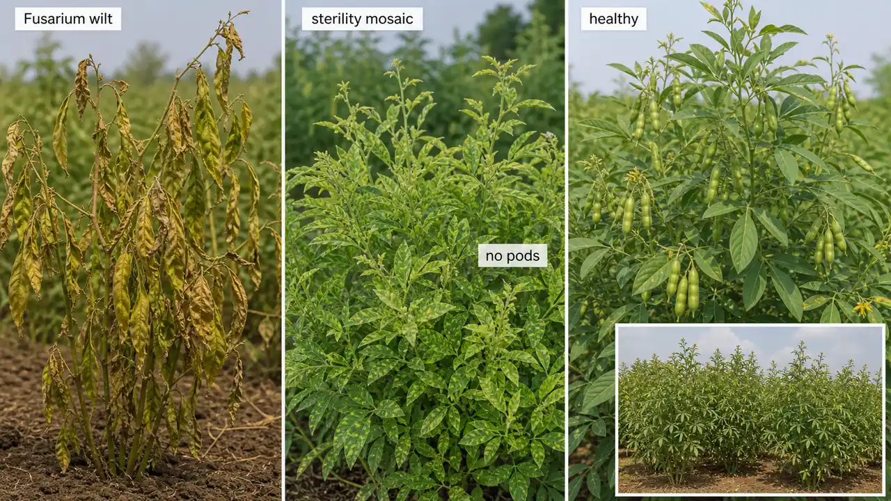 Pigeonpea disease comparison showing Fusarium wilt, sterility mosaic disease, and a healthy podded plant