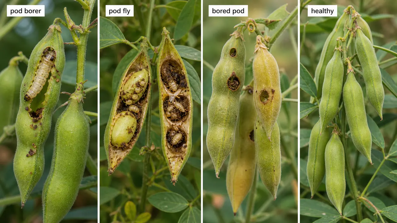 Pigeonpea pest comparison showing pod borer damage, pod fly injury inside pods, and a healthy pod cluster