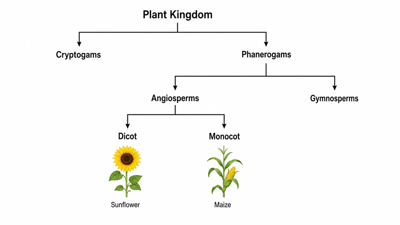 Plant classification hierarchy showing plant kingdom branching into cryptogams, phanerogams, angiosperms, dicots, and monocots