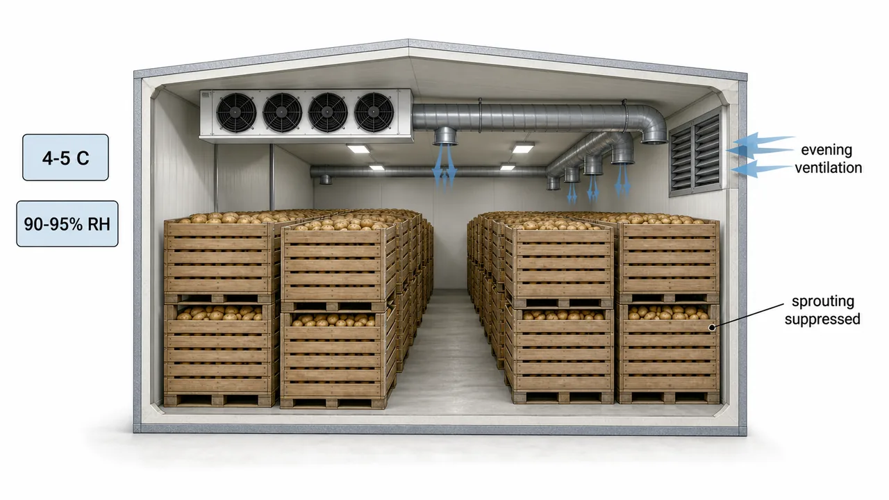 Potato cold storage cutaway showing 4 to 5 degrees Celsius, 90 to 95 percent relative humidity, and ventilated crate storage