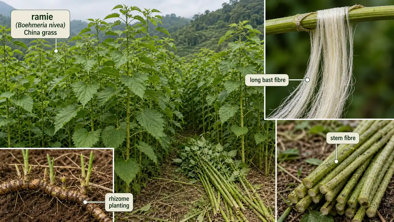 Ramie crop showing China grass plants, rhizome planting, and long bast fibre from the stem