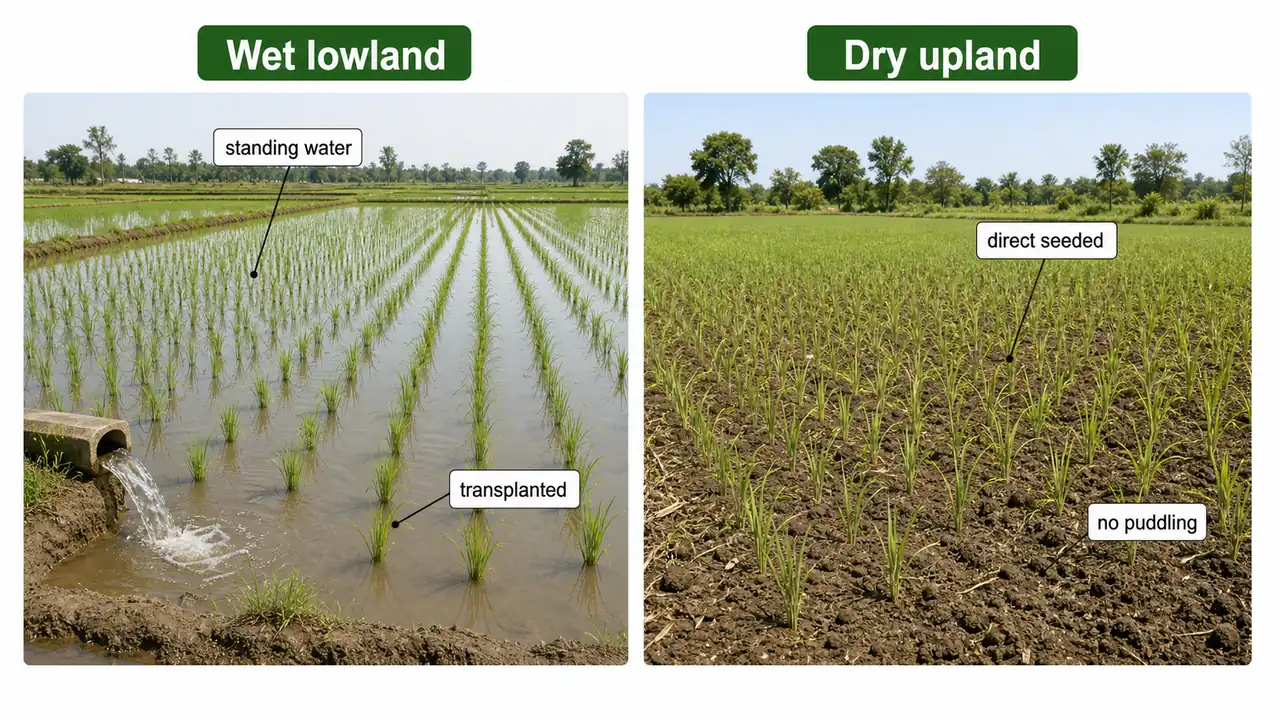 Rice cultivation comparison showing wet lowland transplanted paddy with standing water and dry upland direct-seeded rice without puddling
