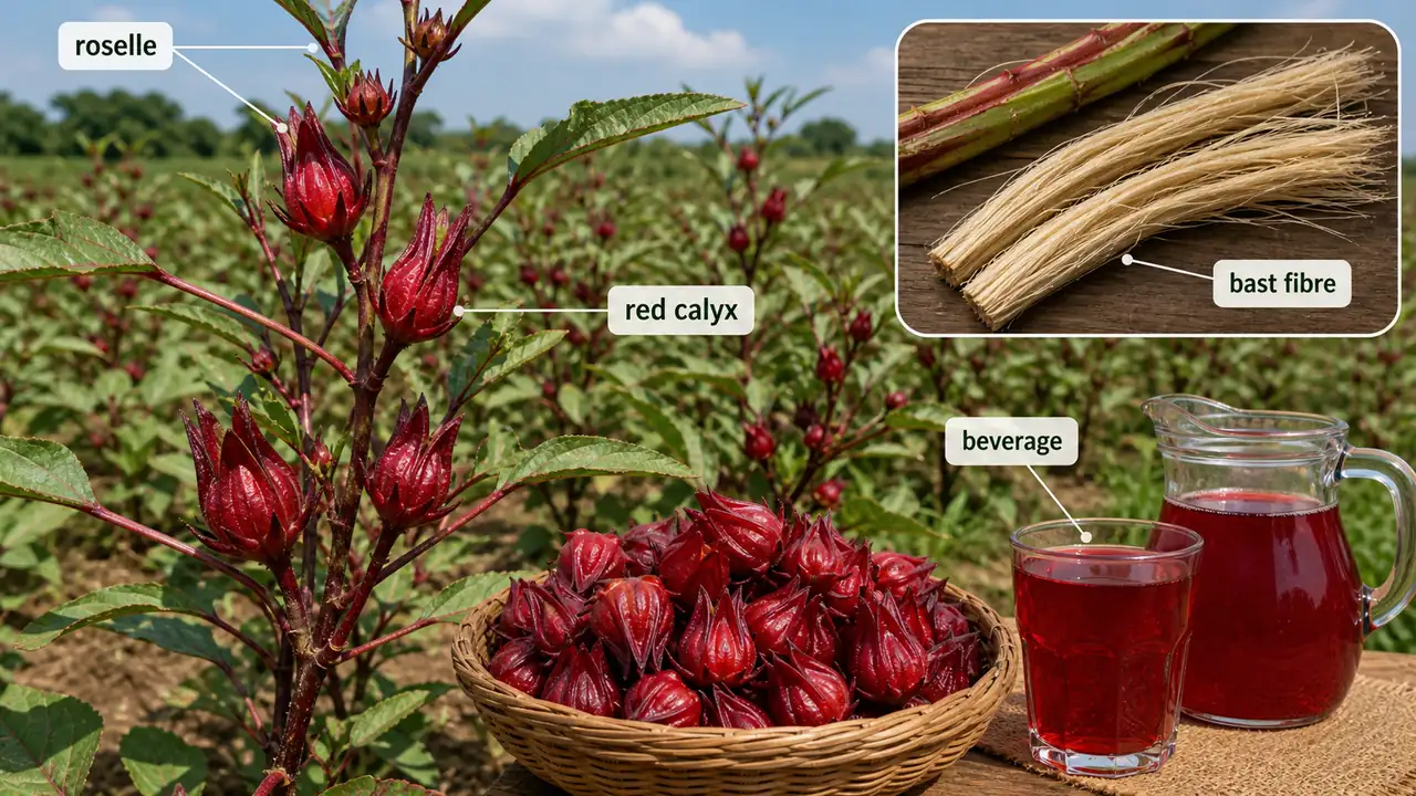 Roselle mesta crop showing red calyces for beverage use and bast fibre from the stem