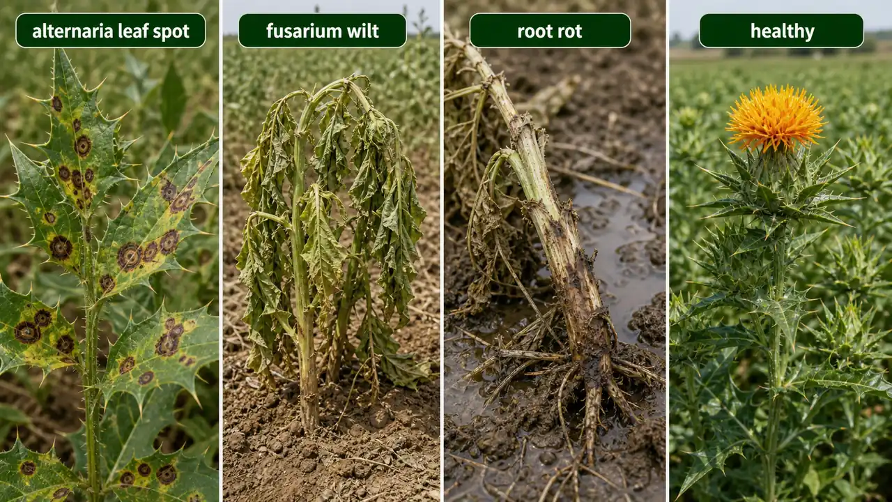 Safflower disease comparison showing alternaria leaf spot fusarium wilt root rot and healthy plant