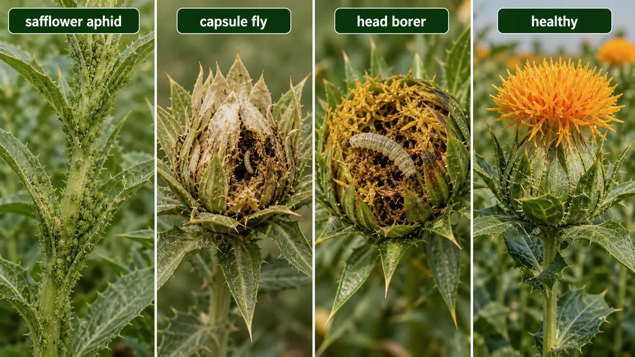 Safflower pest comparison showing safflower aphid capsule fly head borer and healthy flower head