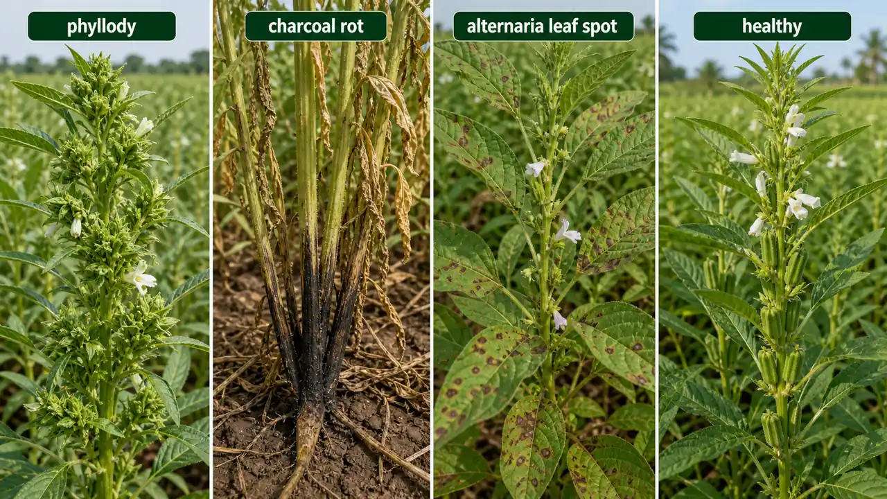 Sesame disease comparison showing phyllody charcoal rot alternaria leaf spot and healthy plant