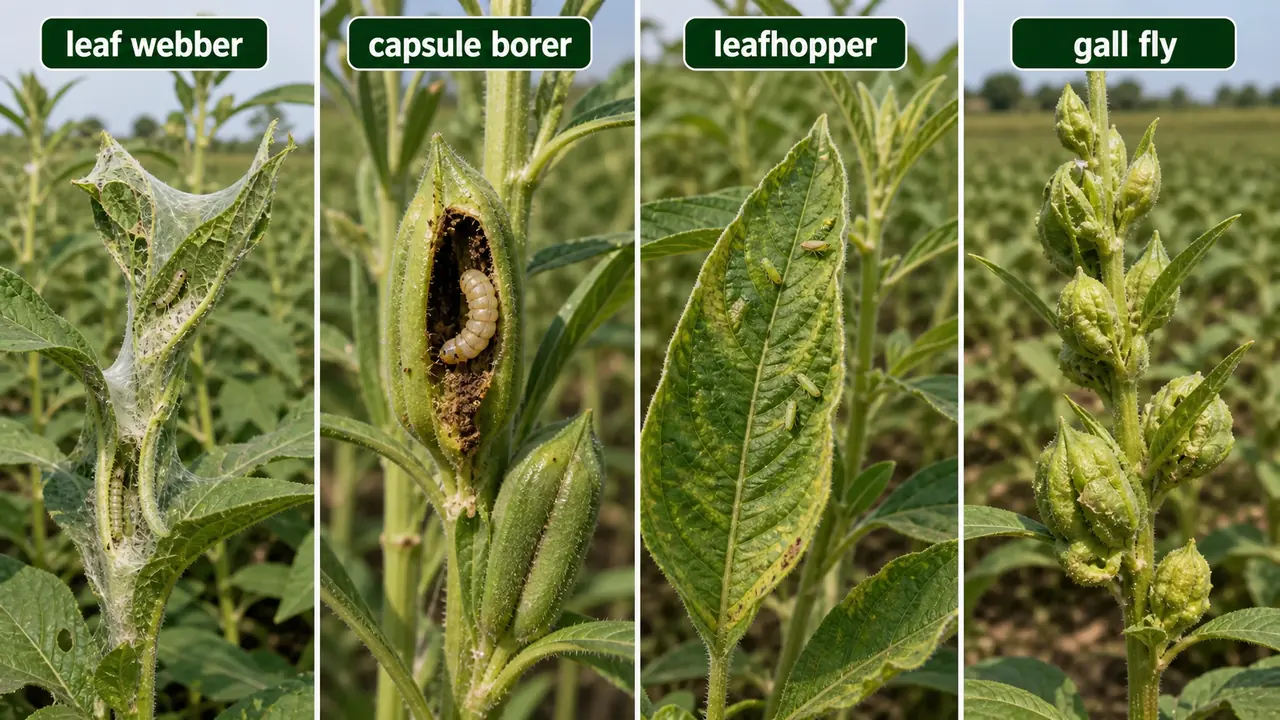 Sesame pest comparison showing leaf webber capsule borer leafhopper and gall fly damage