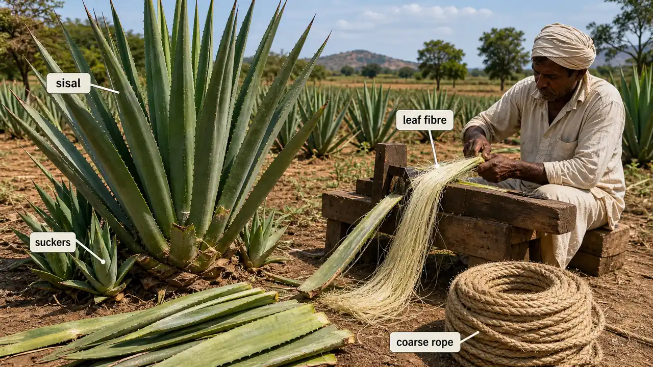 Sisal crop showing Agave leaves, suckers, leaf fibre extraction, and coarse rope