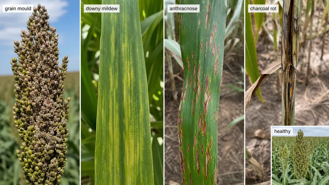 Sorghum disease comparison showing grain mould, downy mildew, anthracnose, charcoal rot, and a healthy reference plant