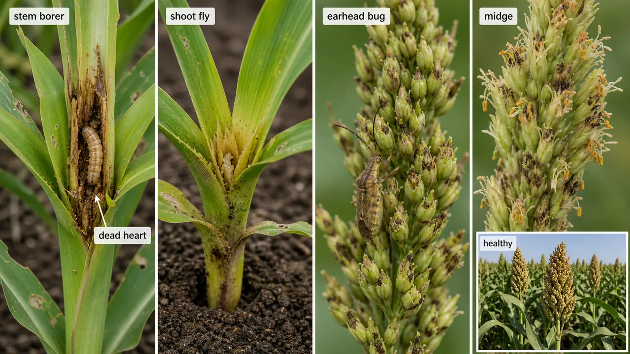 Sorghum pest comparison showing stem borer dead heart, shoot fly seedling damage, earhead bug, midge, and a healthy reference plant