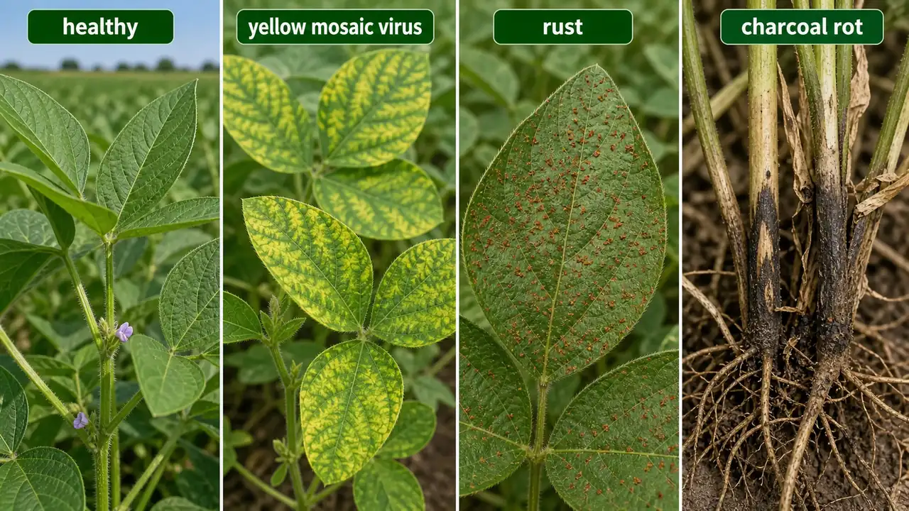 Soybean disease comparison showing healthy leaf yellow mosaic virus rust and charcoal rot symptoms
