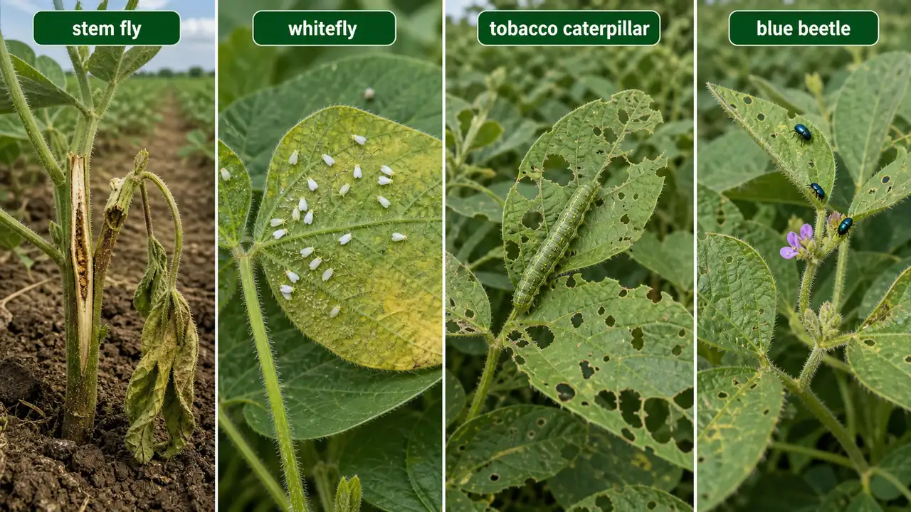 Soybean pest comparison showing stem fly whitefly tobacco caterpillar and blue beetle damage