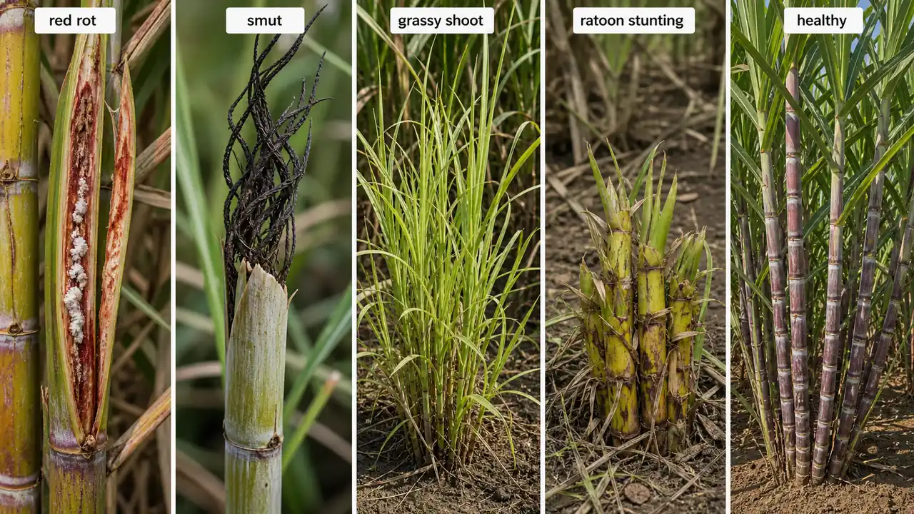 Sugarcane disease comparison showing red rot, smut, grassy shoot disease, ratoon stunting, and a healthy reference cane clump
