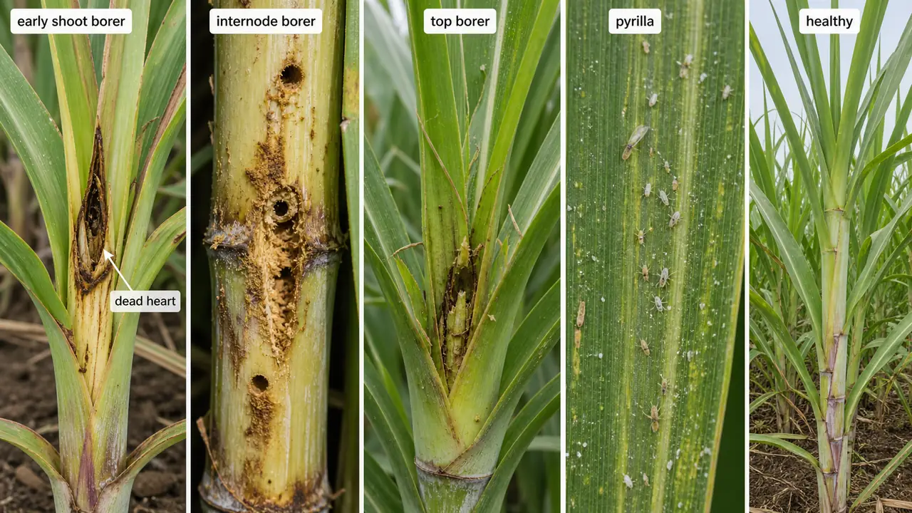 Sugarcane pest comparison showing early shoot borer dead heart, top borer, internode borer, pyrilla, and a healthy reference plant