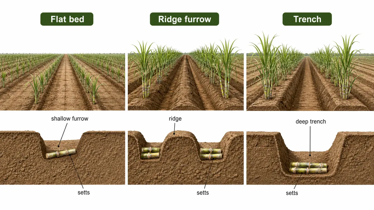 Sugarcane planting methods comparing flat bed, ridge furrow, and trench systems with sett placement