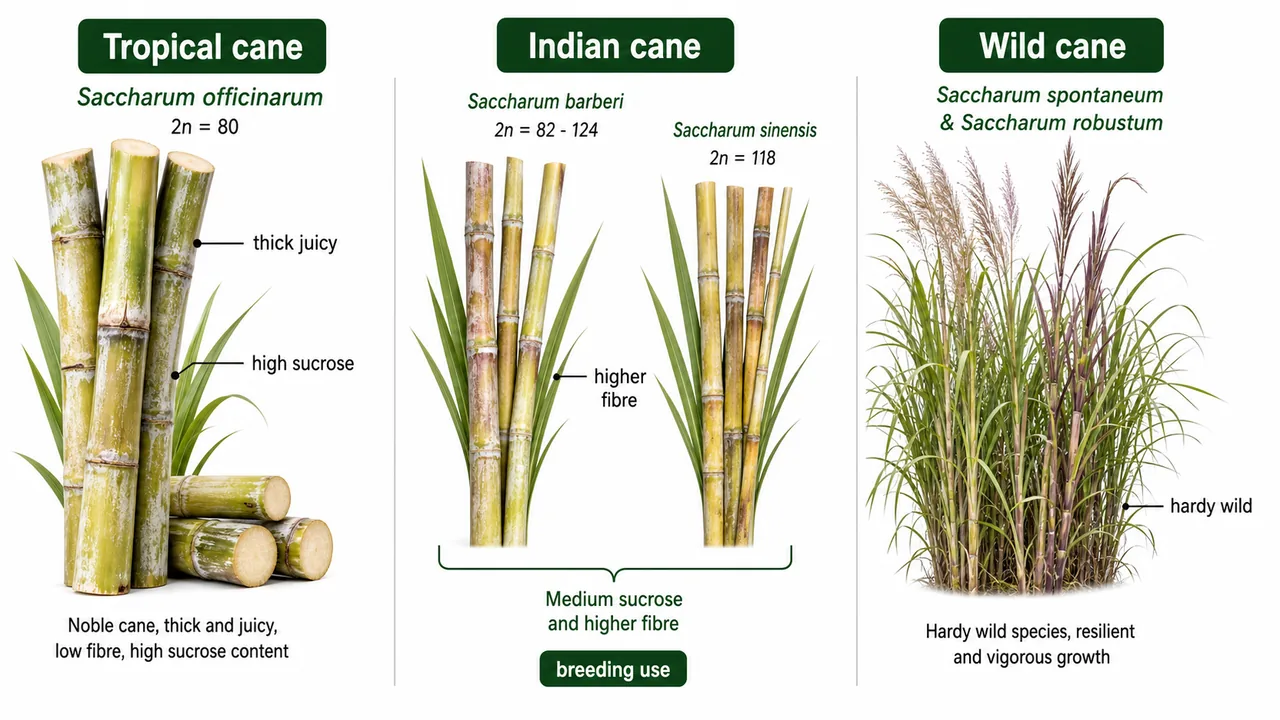 Sugarcane species comparison showing tropical cane Saccharum officinarum, Indian cane species barberi and sinensis, and hardy wild cane species