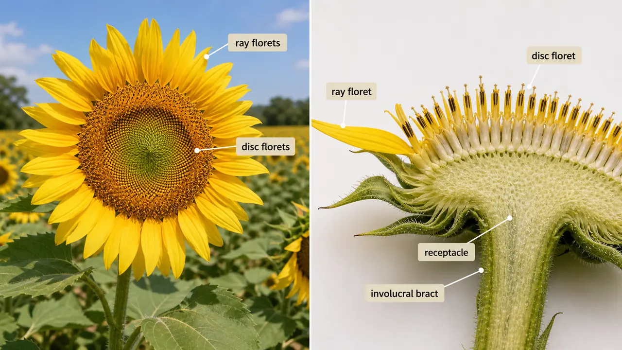 Sunflower capitulum showing outer ray florets central disc florets and head cross section with receptacle and involucral bracts