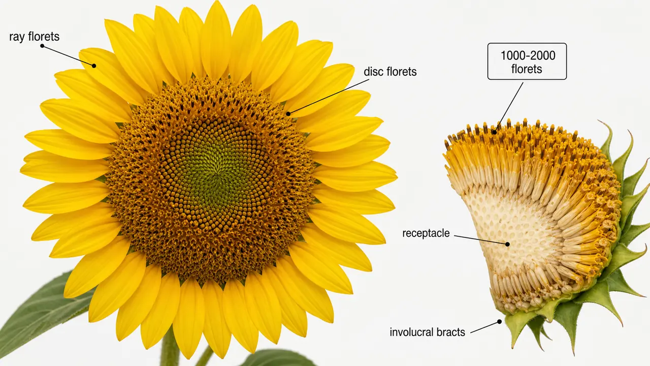 Sunflower capitulum structure showing outer ray florets, central disc florets, receptacle, and involucral bracts