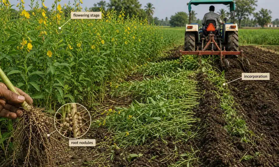Sunhemp crop ploughed into soil as a green manure before flowering