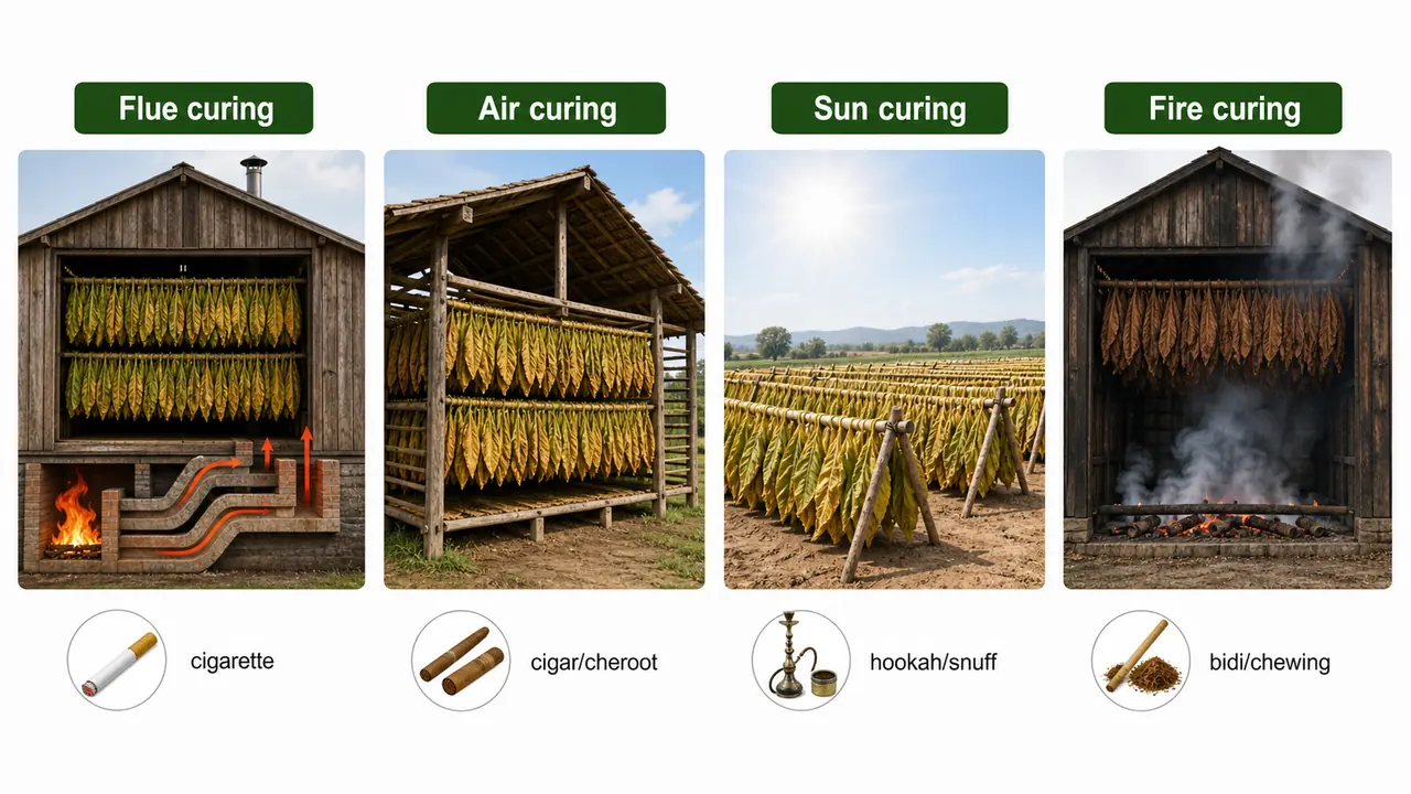 Tobacco curing methods comparison showing flue curing air curing sun curing and fire curing with their typical end uses