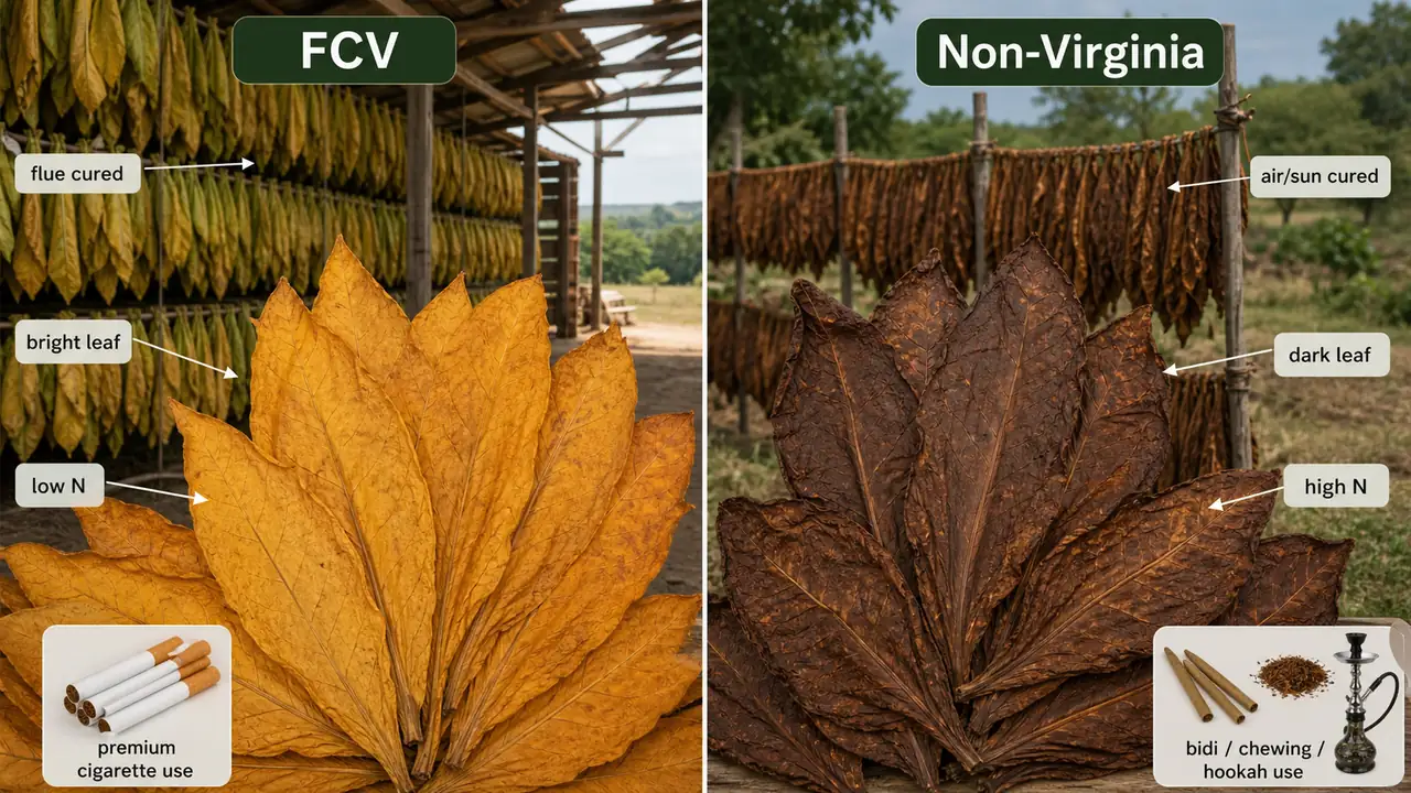 Tobacco comparison showing FCV bright flue-cured leaves versus darker non-Virginia air or sun-cured leaves with their contrasting nitrogen needs