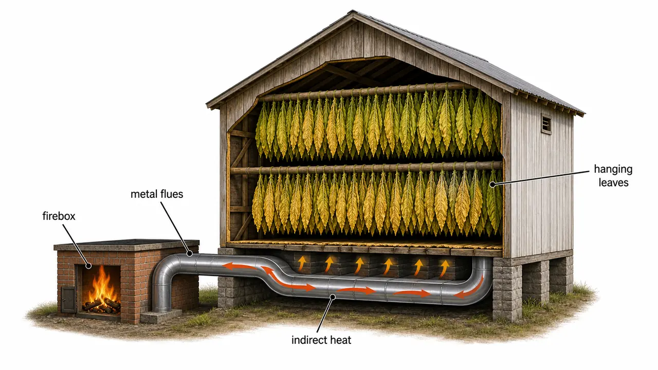 Flue-curing barn for FCV tobacco showing hanging leaves, external firebox, and metal flues carrying indirect heat