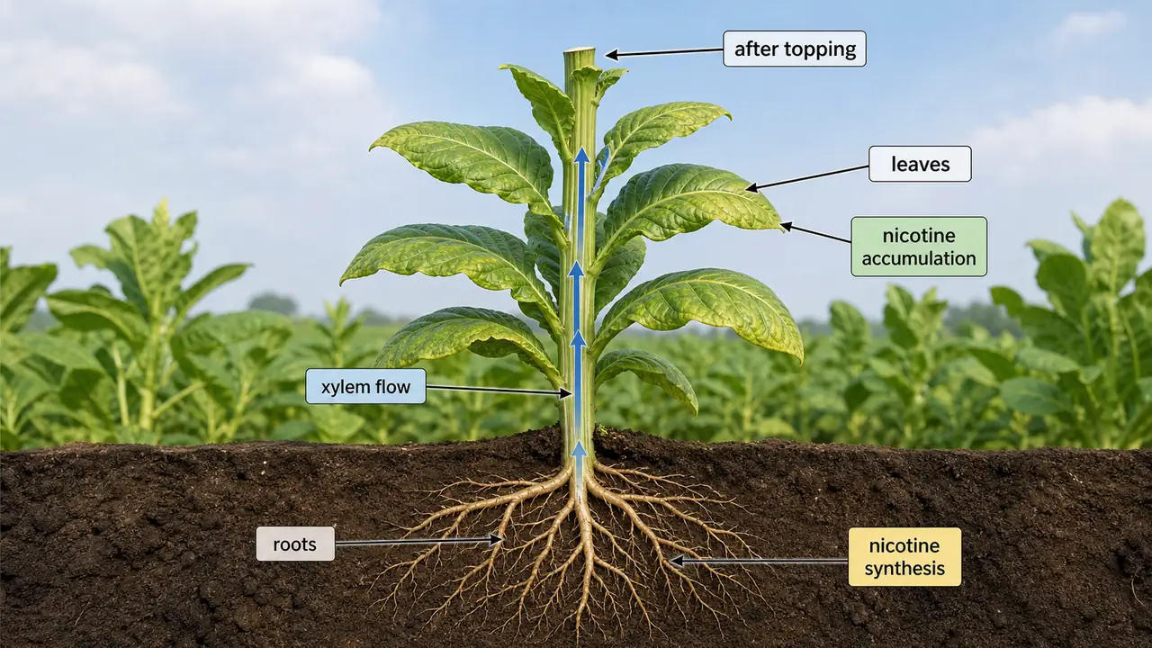 Tobacco plant diagram showing nicotine synthesis in roots and upward transport through xylem to accumulation in leaves, especially after topping
