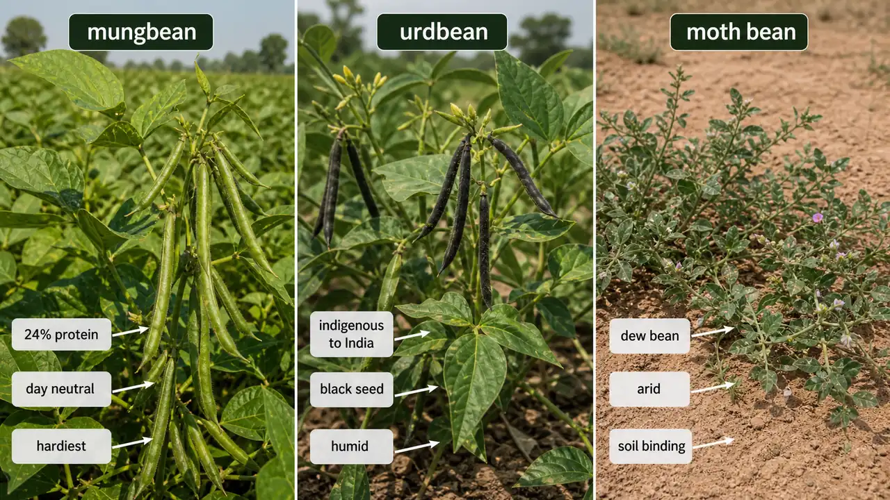 Comparison of mungbean, urdbean, and moth bean showing protein, adaptation, and growth-habit differences across the Vigna trio