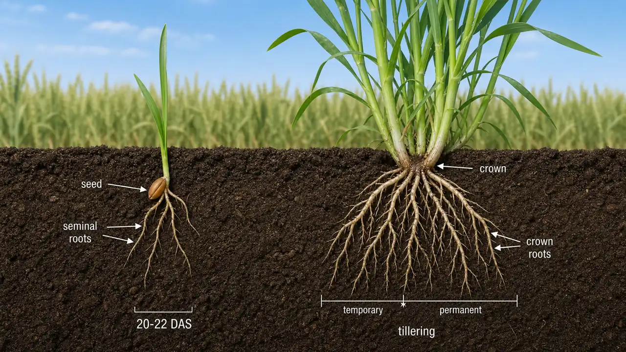 Wheat root system comparison showing early seminal roots and later permanent crown roots at tillering stage