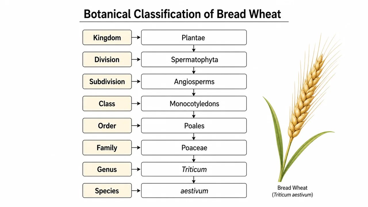 Botanical classification of bread wheat showing kingdom, division, subdivision, class, order, family, genus, and species