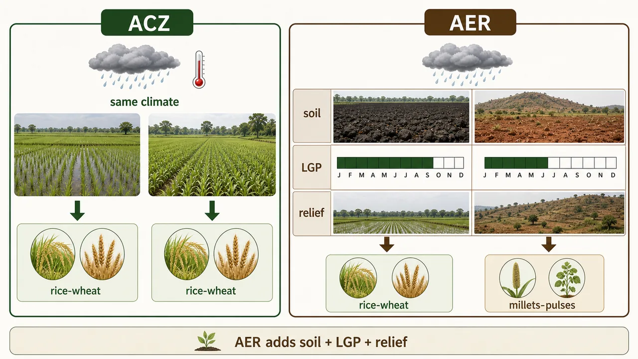 Comparison of ACZ and AER showing how soil, length of growing period and relief refine crop planning