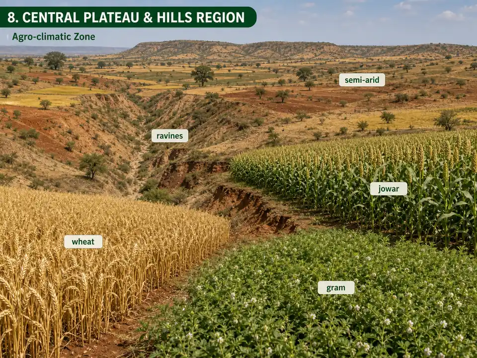 Central Plateau and Hills agro-climatic region showing ravines and semi-arid fields with wheat gram and jowar