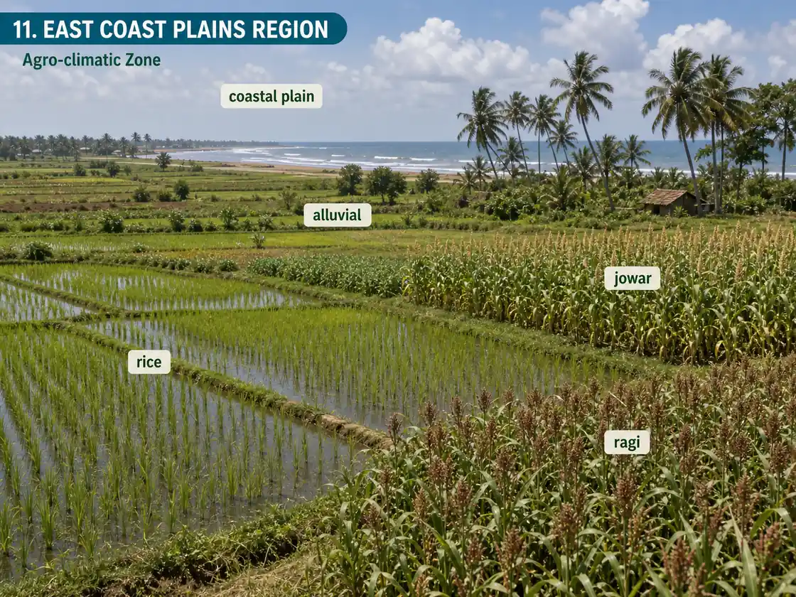 East Coast Plains agro-climatic region showing coastal alluvial fields with rice ragi and jowar