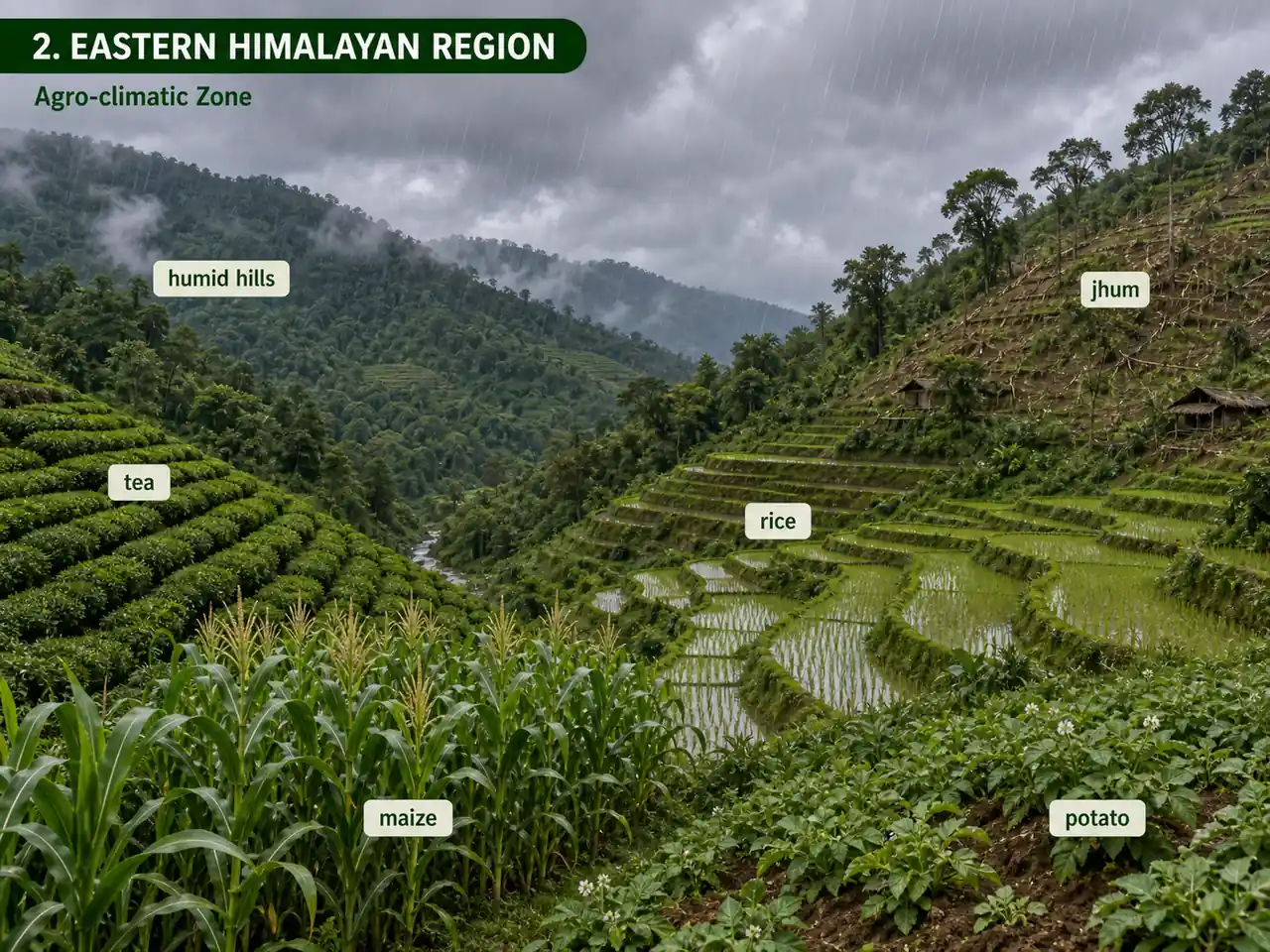 Eastern Himalayan agro-climatic region showing humid hills with tea, rice terraces, maize, potato and jhum cultivation
