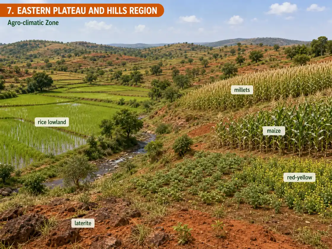 Eastern Plateau and Hills agro-climatic region showing red yellow soils, lowland rice, maize, millets and laterite uplands