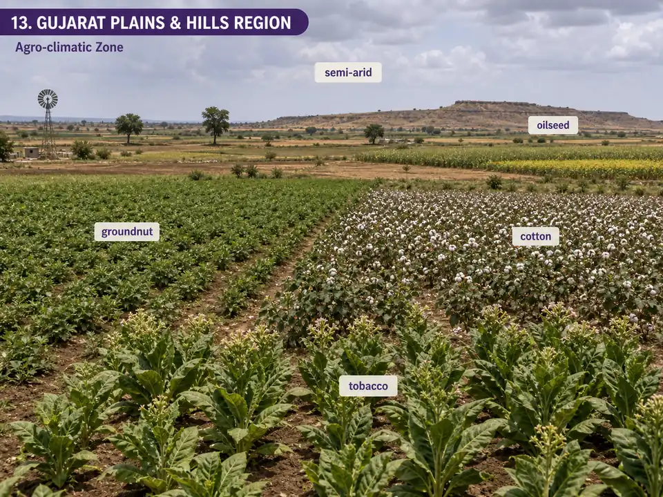 Gujarat Plains and Hills agro-climatic region showing semi-arid groundnut cotton and tobacco fields