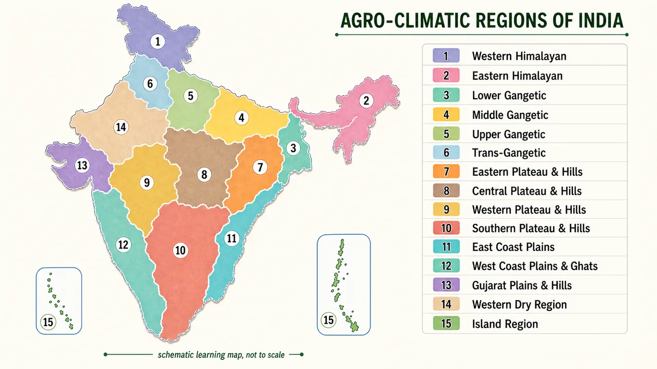 Schematic map of India showing the 15 agro-climatic zones for agronomy exam study