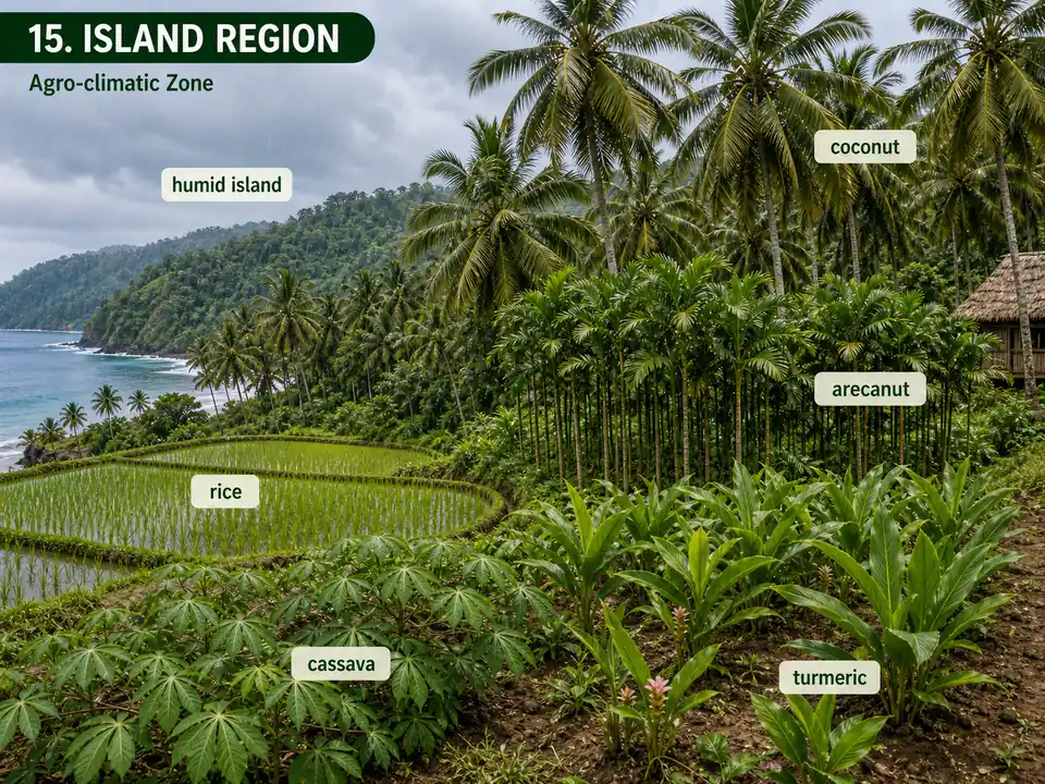 Island agro-climatic region showing humid tropical coconut-based farming with rice arecanut cassava and turmeric