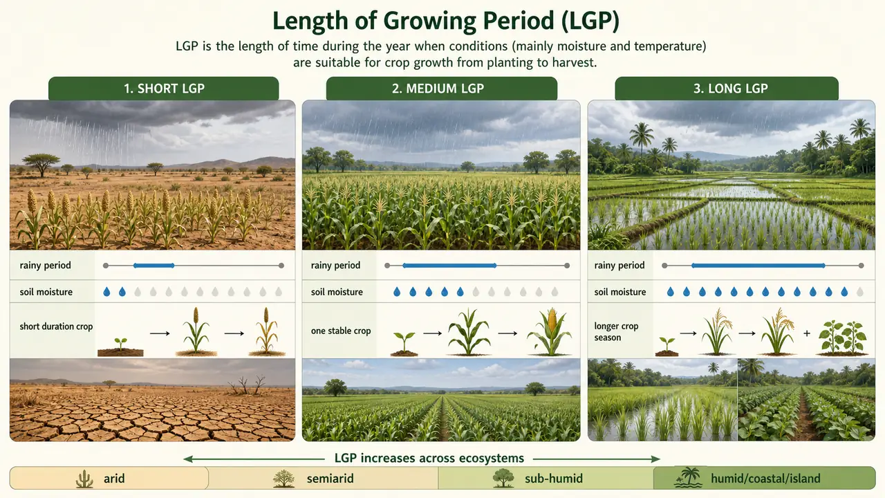Length of growing period concept showing short, medium and long crop seasons across agro-ecosystems