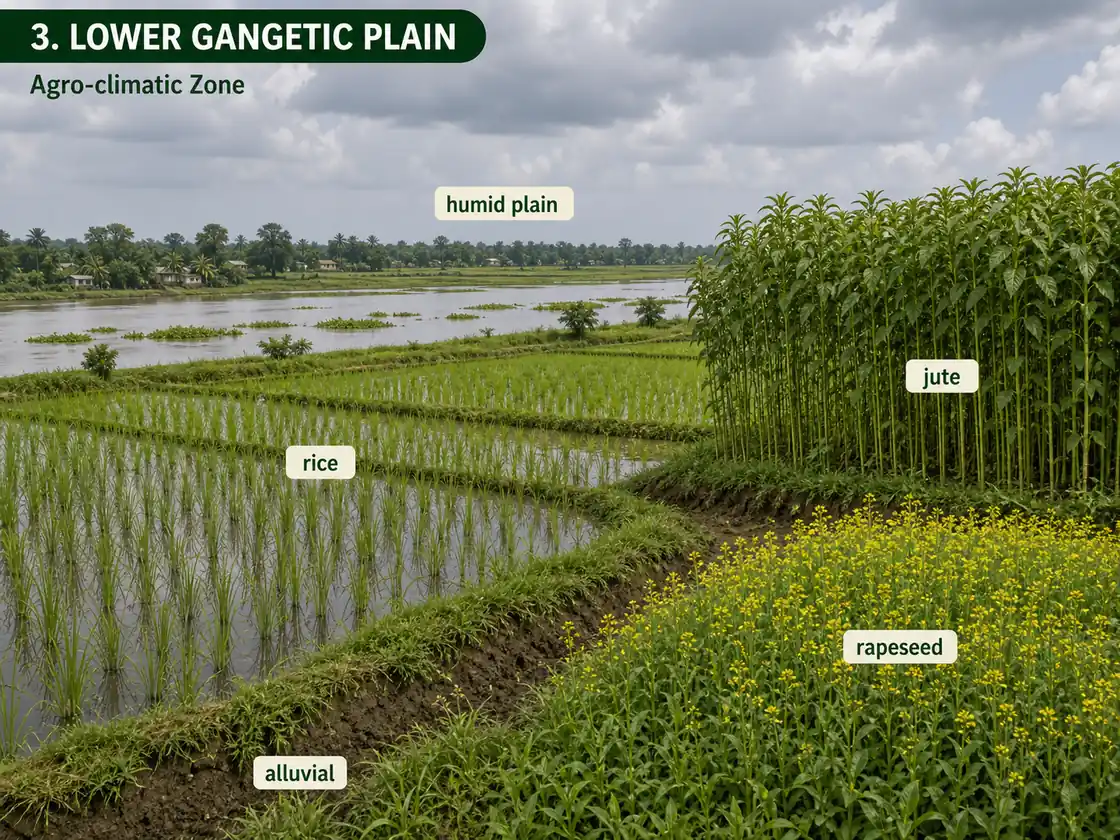 Lower Gangetic Plain agro-climatic region showing humid alluvial fields with rice, jute and rapeseed