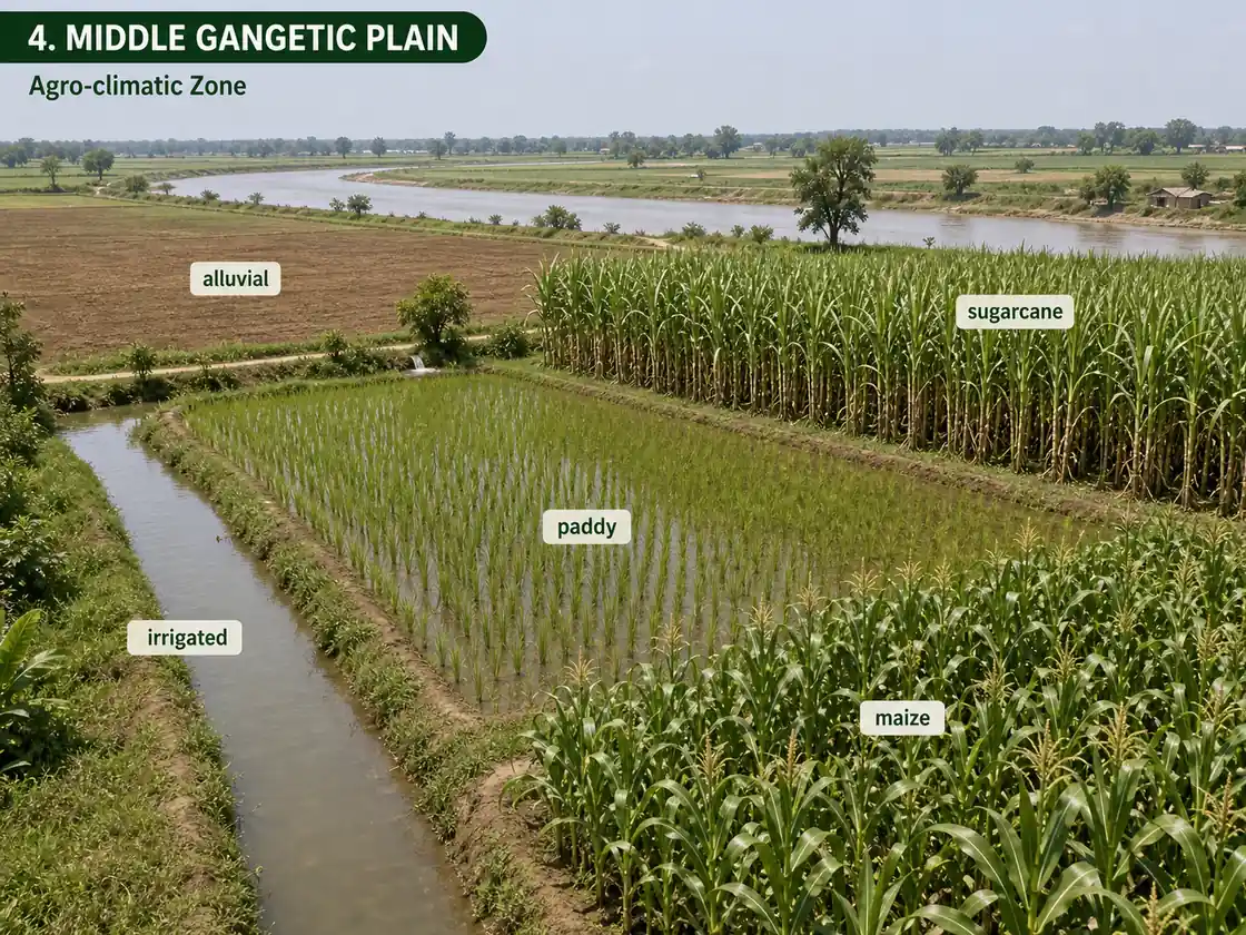 Middle Gangetic Plain agro-climatic region showing alluvial irrigated fields with sugarcane, paddy and maize