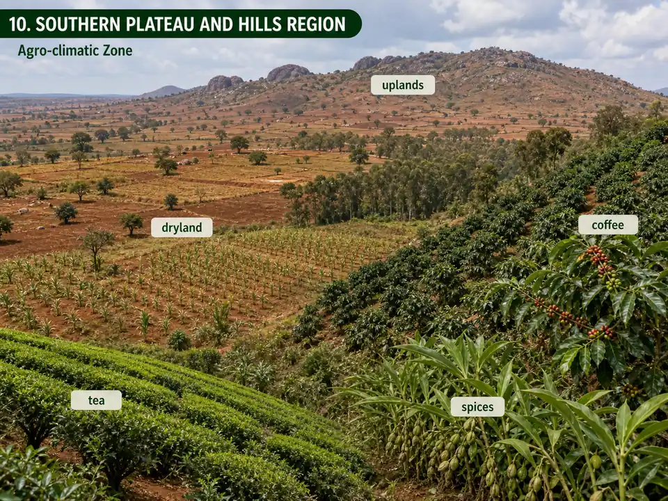 Southern Plateau and Hills agro-climatic region showing dryland uplands with coffee tea and spices on slopes
