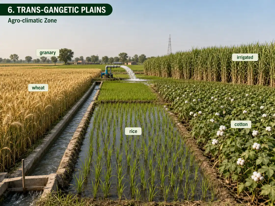 Trans-Gangetic Plains agro-climatic region showing irrigated wheat, rice, cotton and intensive granary farming