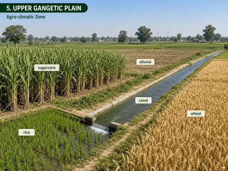 Upper Gangetic Plain agro-climatic region showing canal irrigation with sugarcane, wheat and rice fields