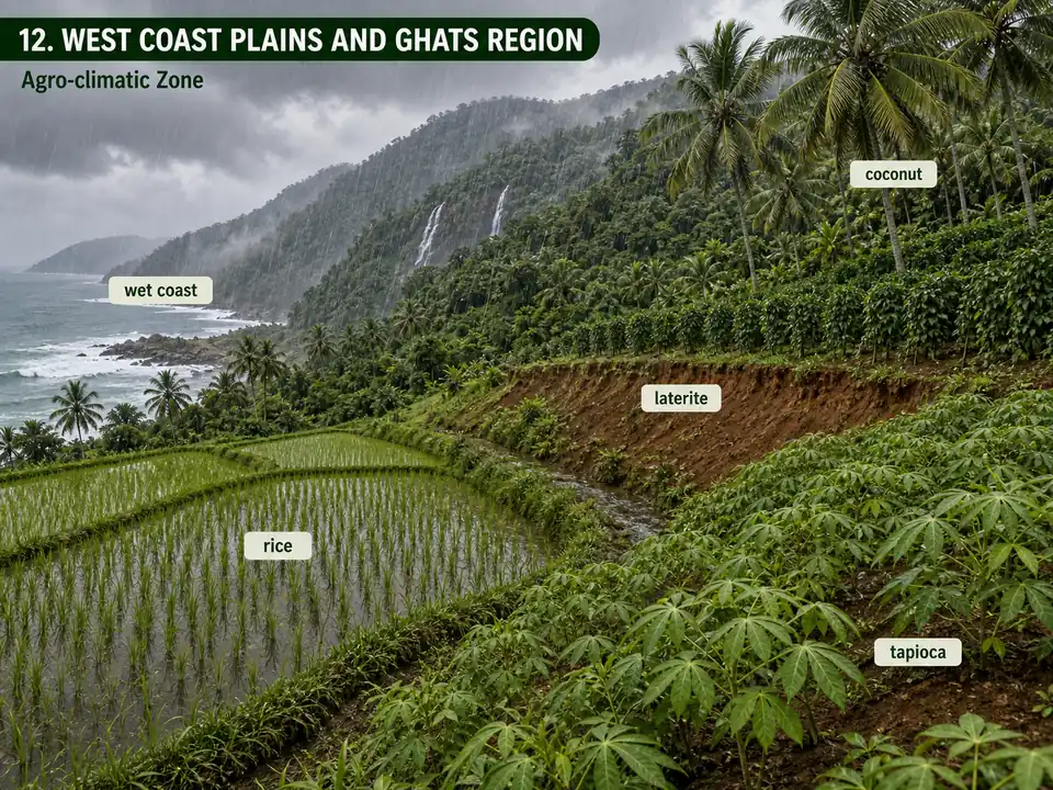 West Coast Plains and Ghats agro-climatic region showing wet coast, laterite slopes, rice, coconut and tapioca