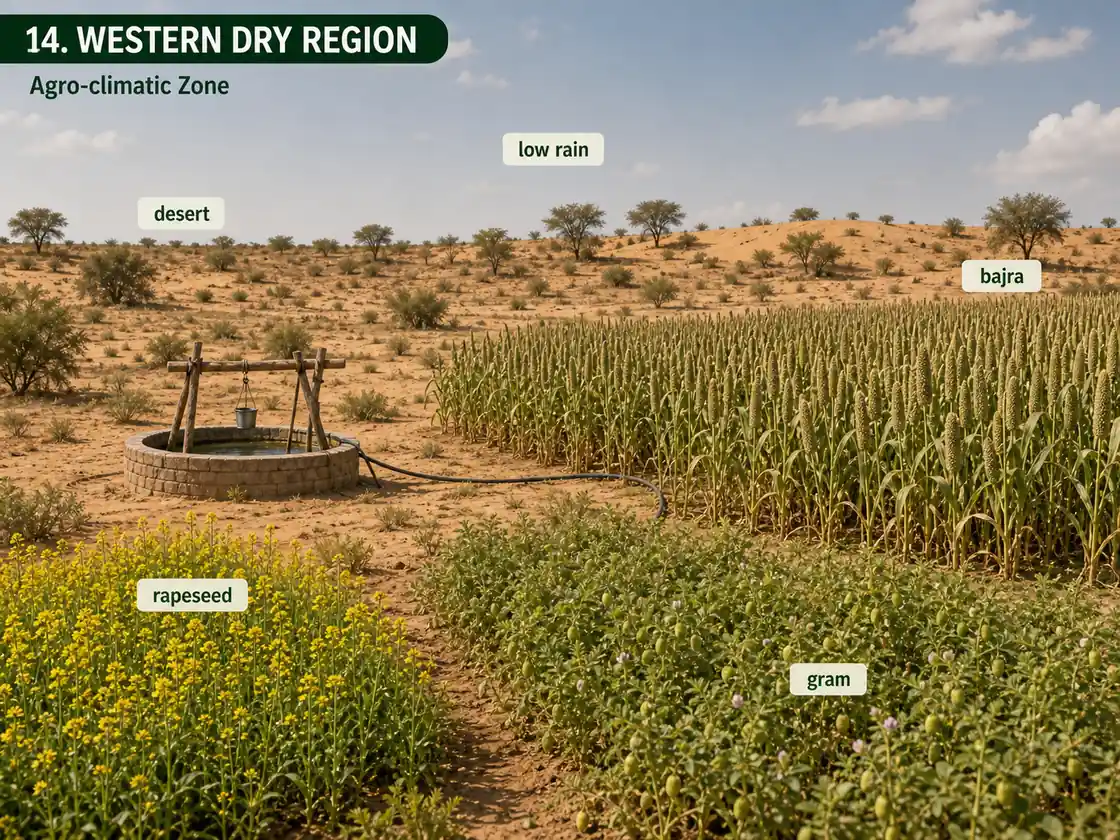 Western Dry Region agro-climatic region showing desert farming with bajra gram and rapeseed under low rainfall